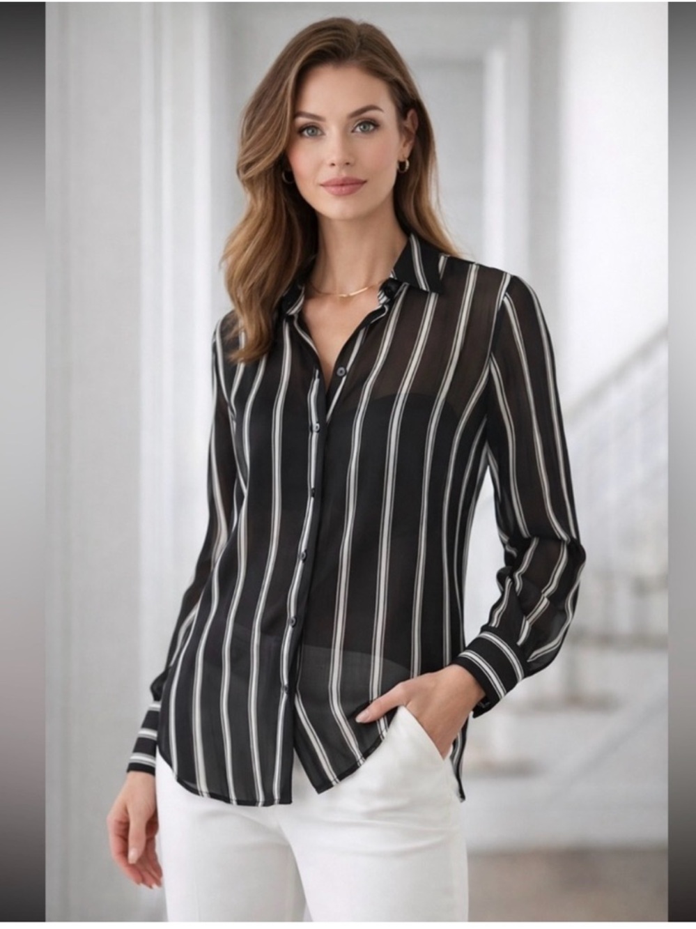 White House Black Market Black Shirt with White Vertical Stripes Size 12